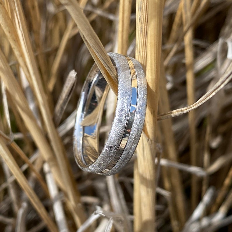 6mm wide cobalt wedding band with Gibeon meteorite on the outside, a white gold center inlay, and cobalt sleeve