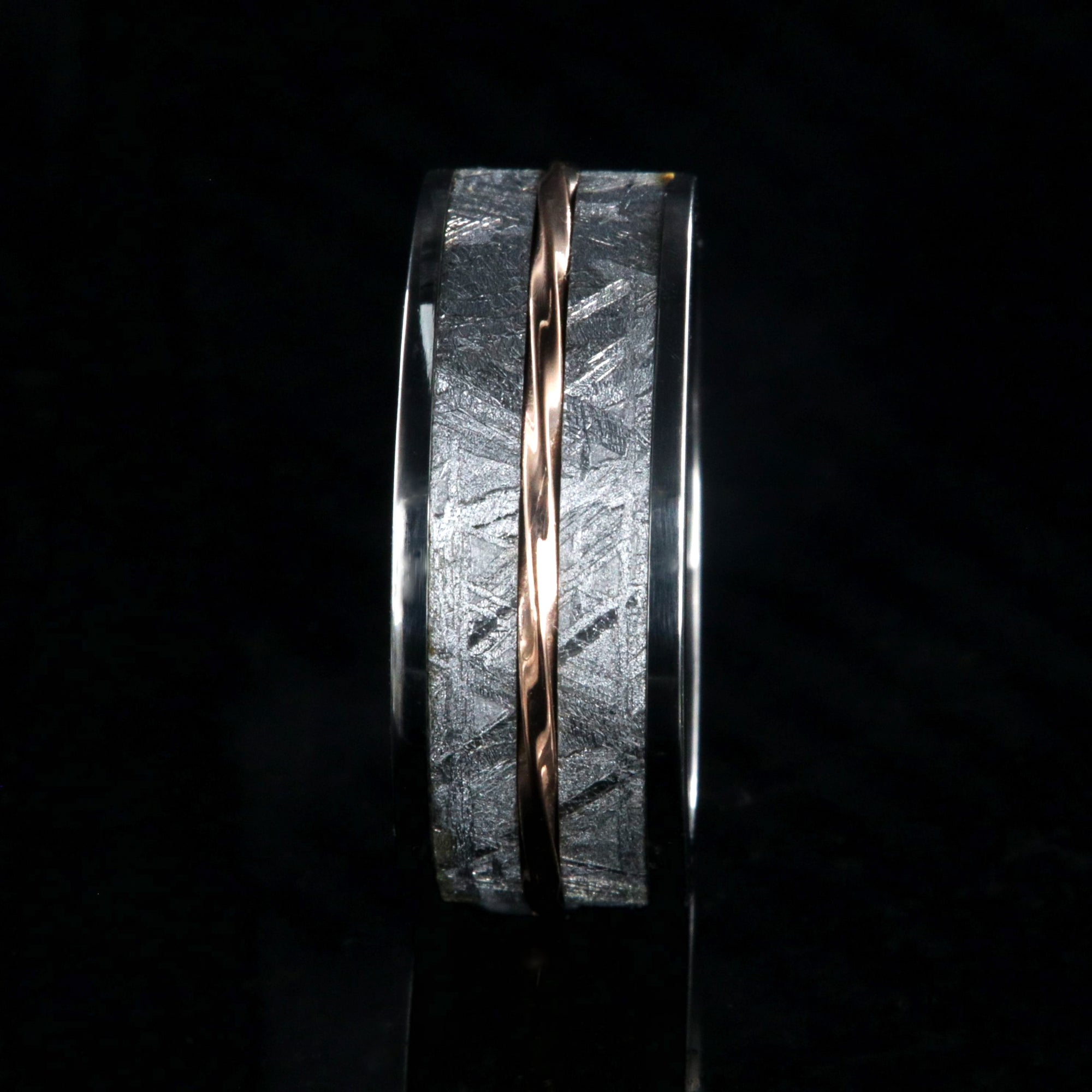10mm wide Gibeon meteorite wedding band for men with twisted rose gold inlay