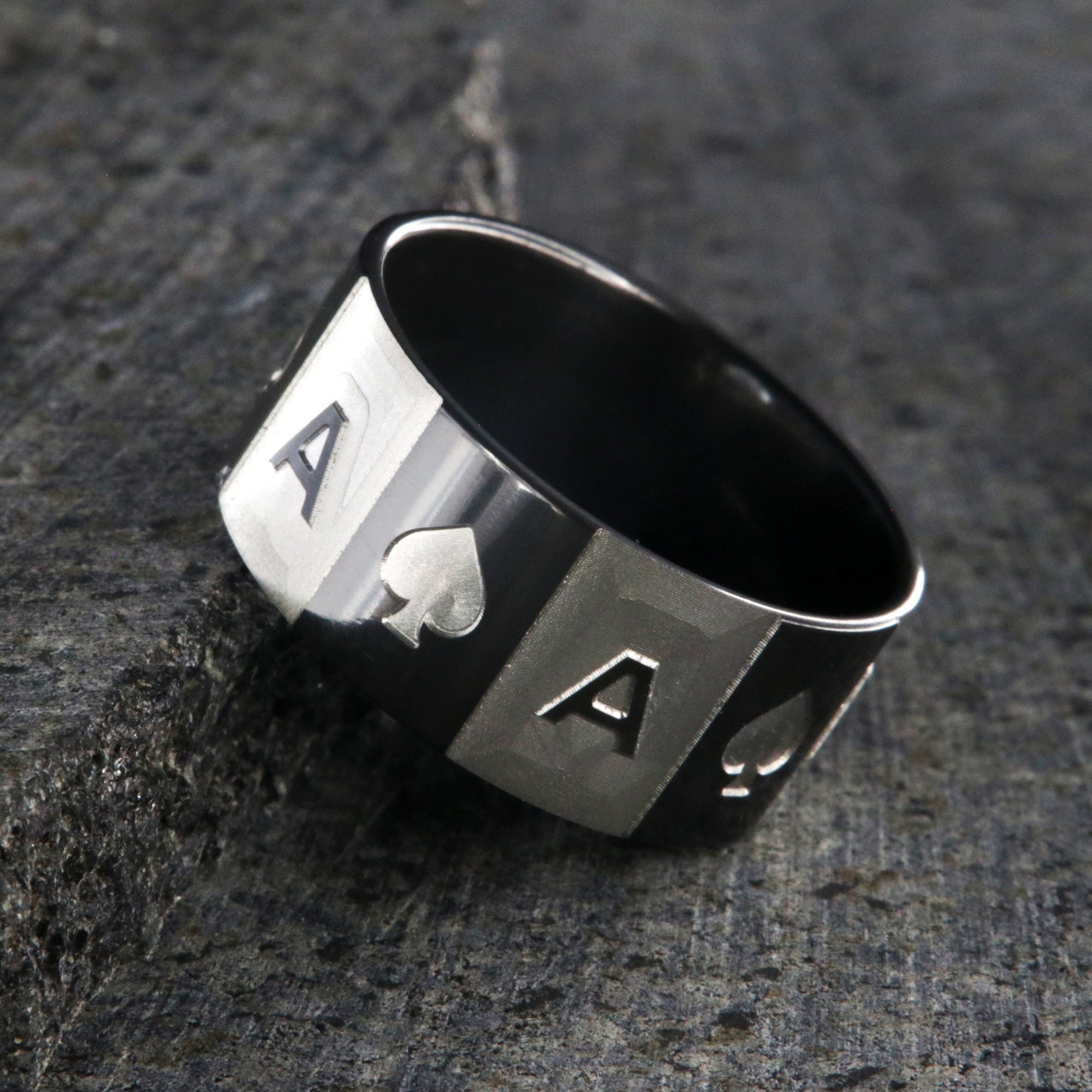 10mm wide black zirconium ace of spades ring with alternating two-tone