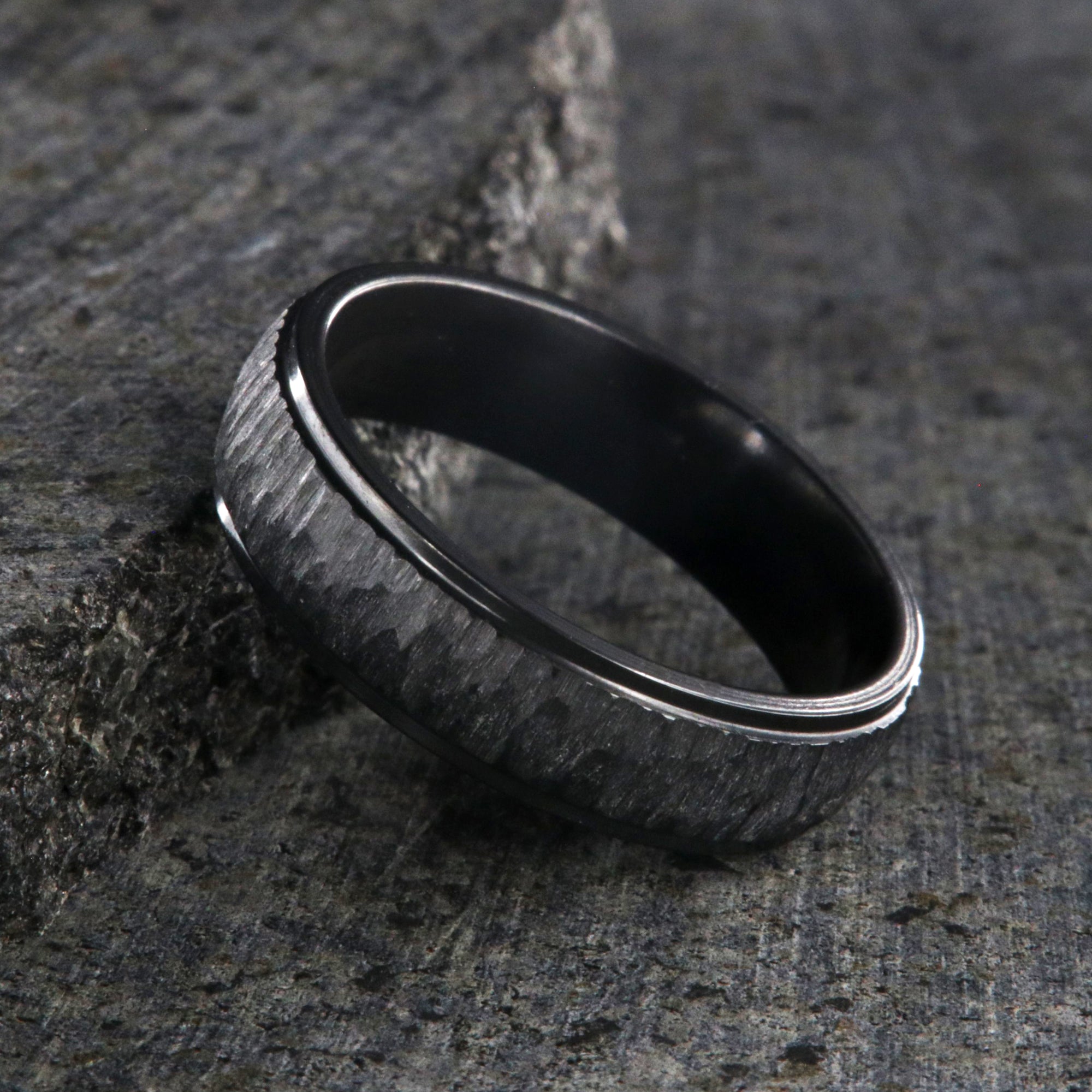 5mm wide black zirconium ring with a raised-center and tree bark finish