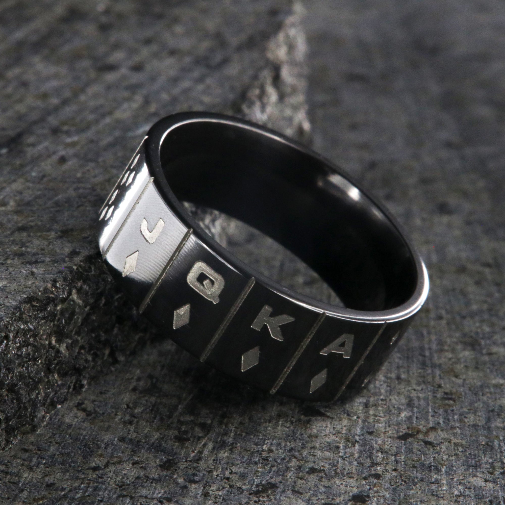 8mm wide black zirconium wedding band with the set of diamond cards and a flat profile