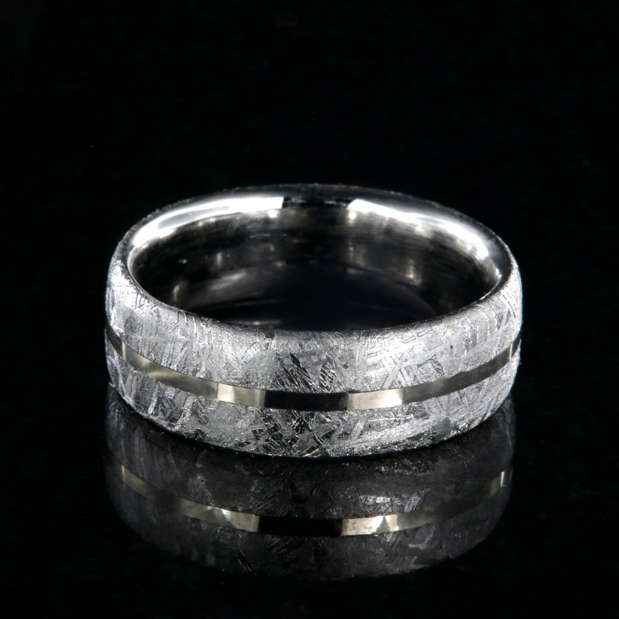 8mm wide men's meteorite ring with center white gold inlay