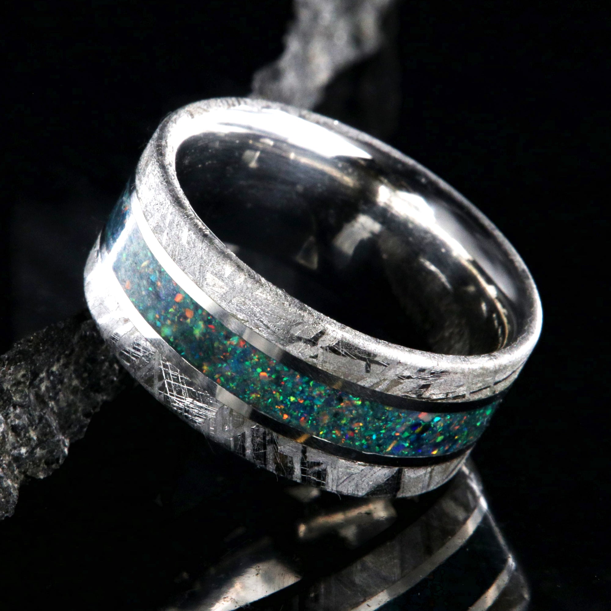10mm wide cobalt men's wedding ring with Gibeon meteorite edges and a glacial opal inlay