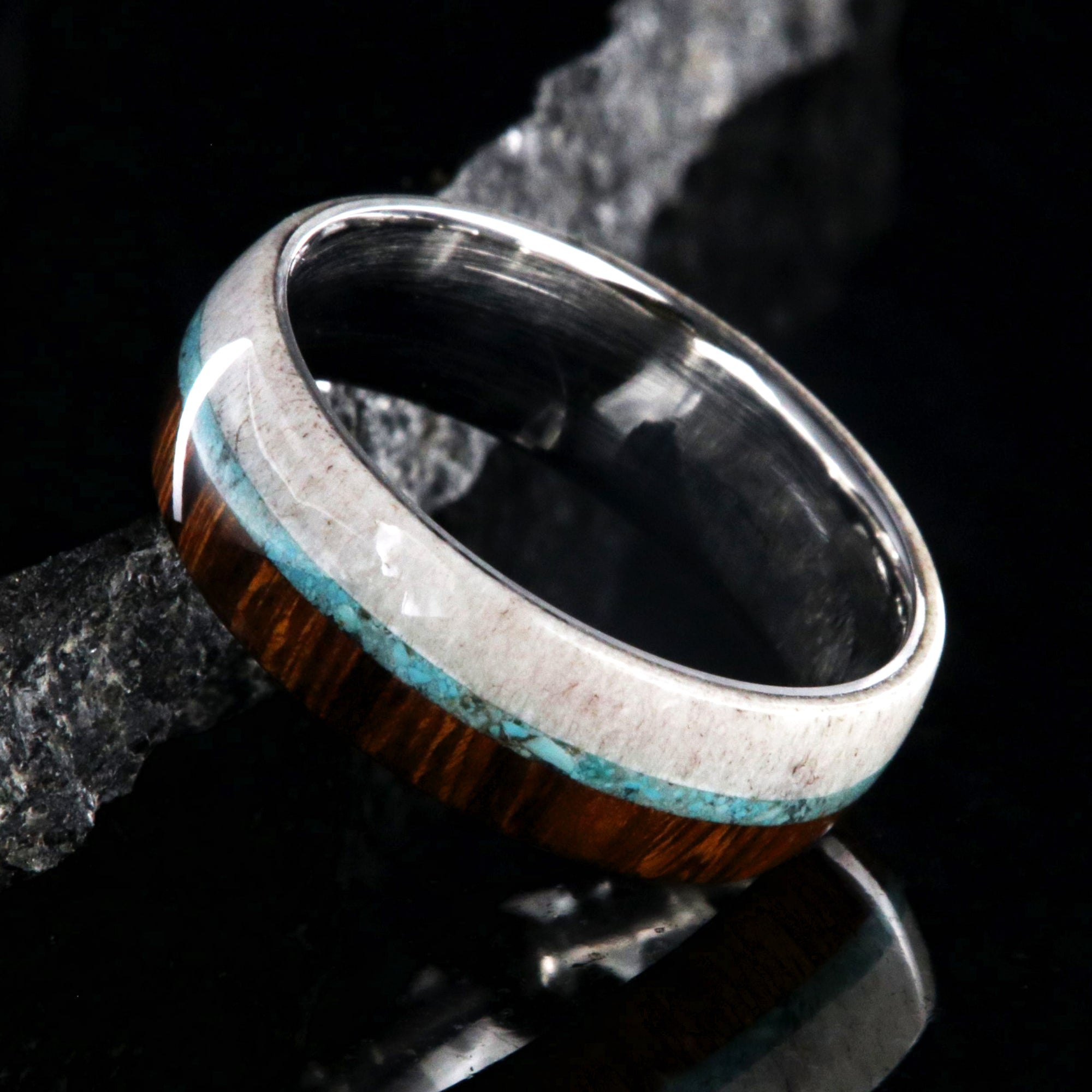 7mm wide half antler and half Arizona ironwood wedding ring with thin turquoise inlay