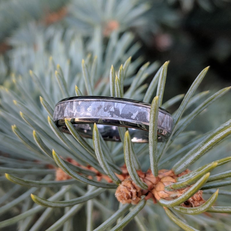 4mm wide women's meteorite wedding band with a rounded profile and titanium edges and sleeve