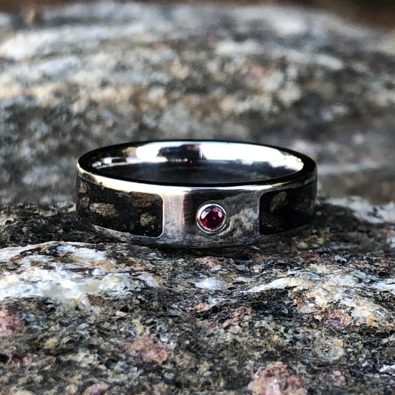 6mm wide titanium ring with a dinosaur inlay and bezel set ruby