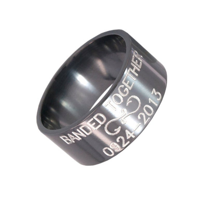 10mm wide black zirconium duck band with two-tone text, a line of text above and below an infinity hook design