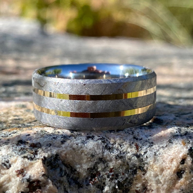 10mm wide cobalt wedding band with Gibeon meteorite and dual yellow gold inlays