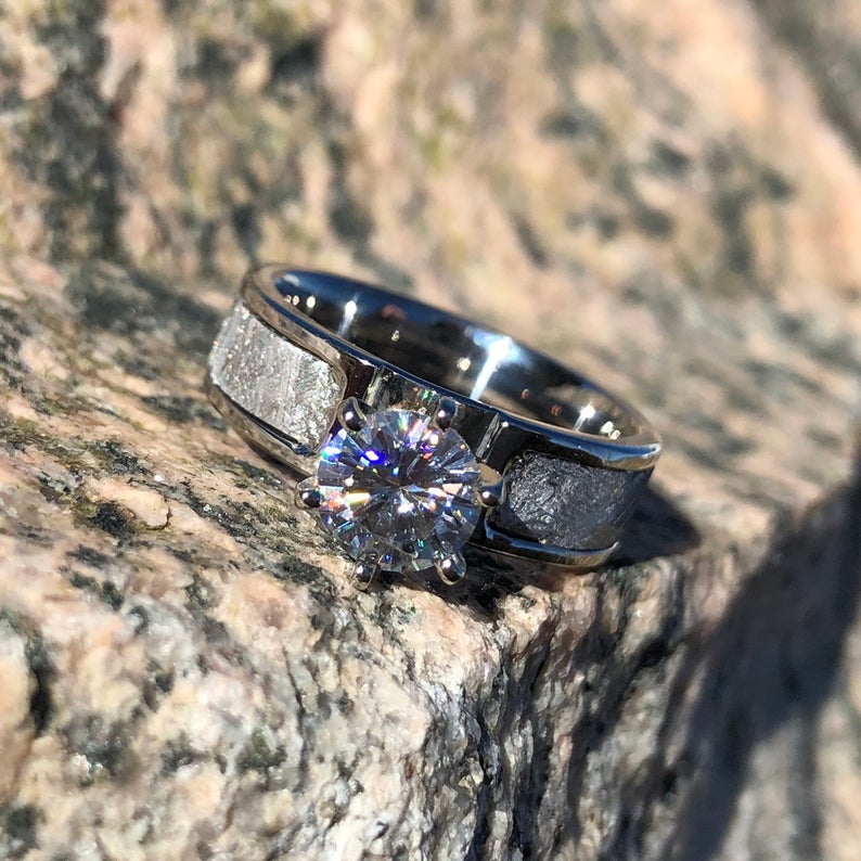 6mm wide women's engagement ring with Gibeon meteorite and round diamond