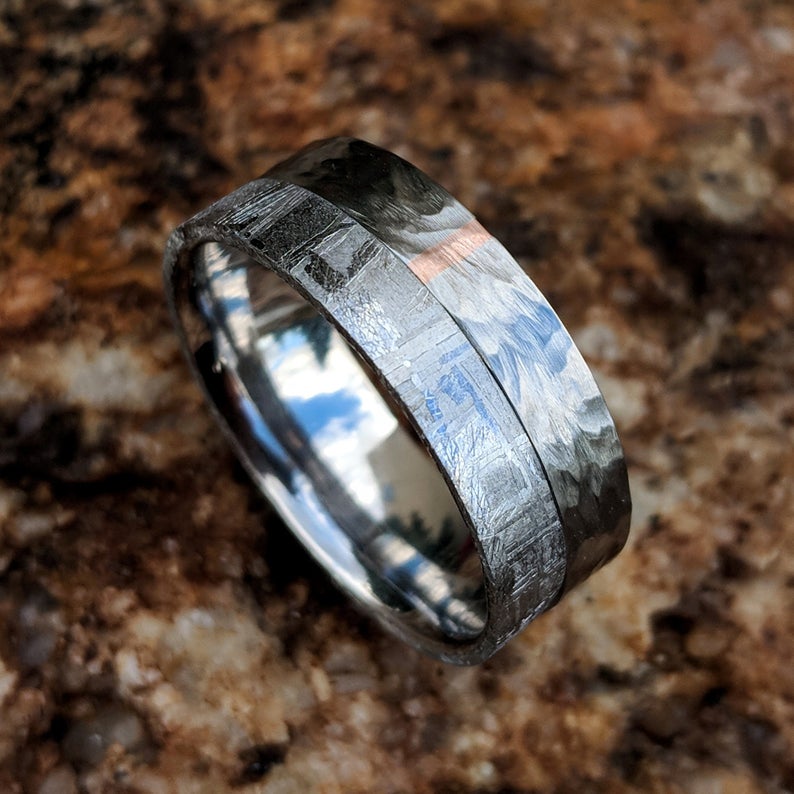 8mm wide meteorite wedding band with half of the ring covered in Gibeon meteorite and the other with a tree bark finish on the cobalt half