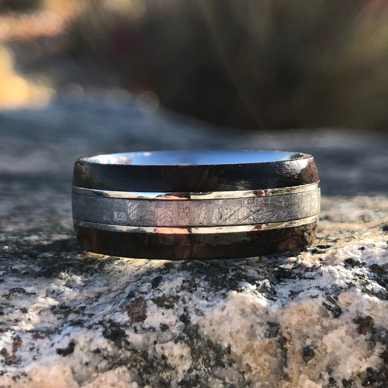 8mm wide men's cobalt ring with a Gibeon meteorite center inlay and Arizona ironwood edges