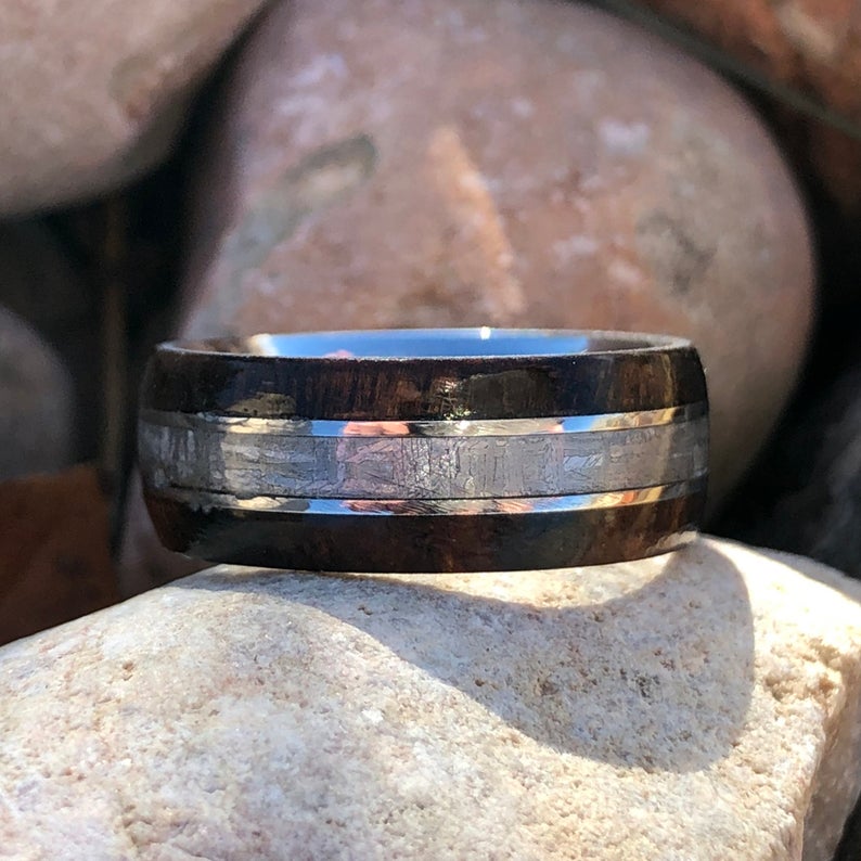 8mm wide men's cobalt ring with a Gibeon meteorite center inlay and Arizona ironwood edges