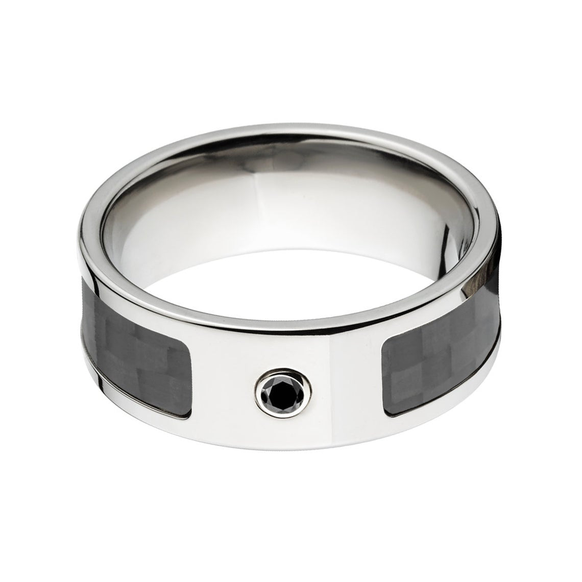 8mm wide titanium ring with a black carbon fiber ring and a bezel set black diamond