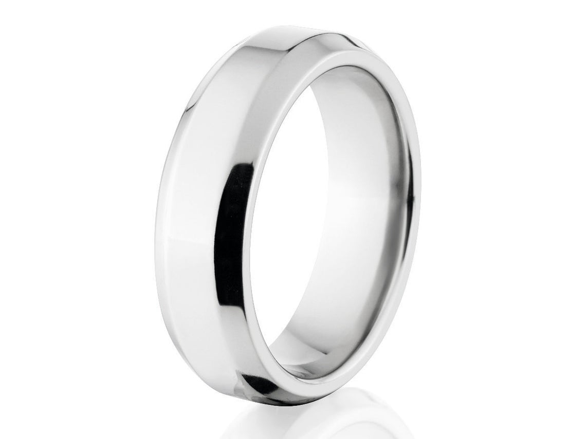 6mm wide cobalt wedding band with a polish finish and beveled edges