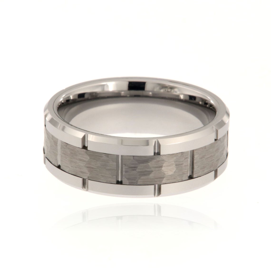 8mm wide tungsten ring with a brick-like design, a hammered finish, and beveled edges