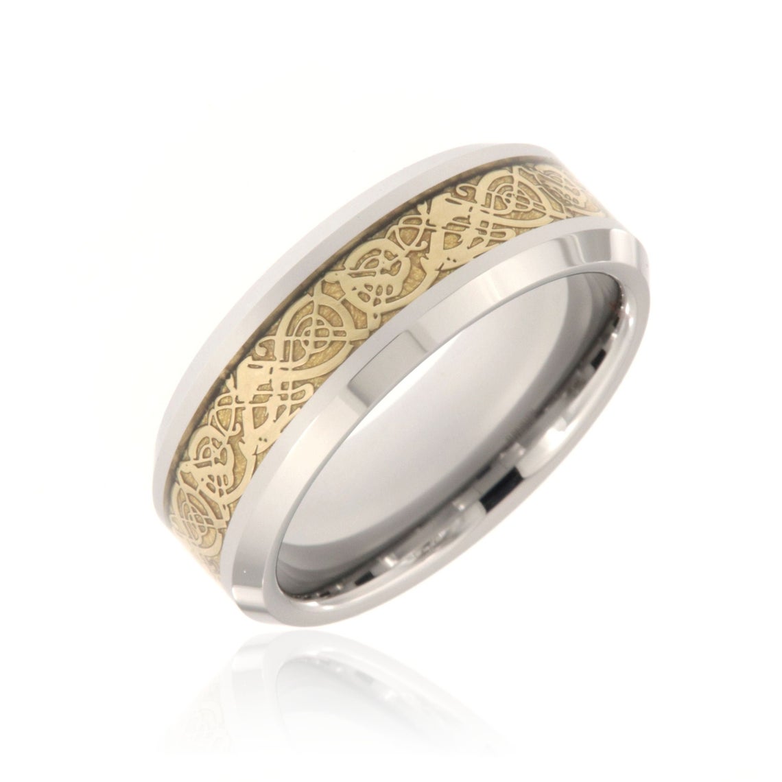 8mm wide tungsten ring with a gold Celtic center inlay