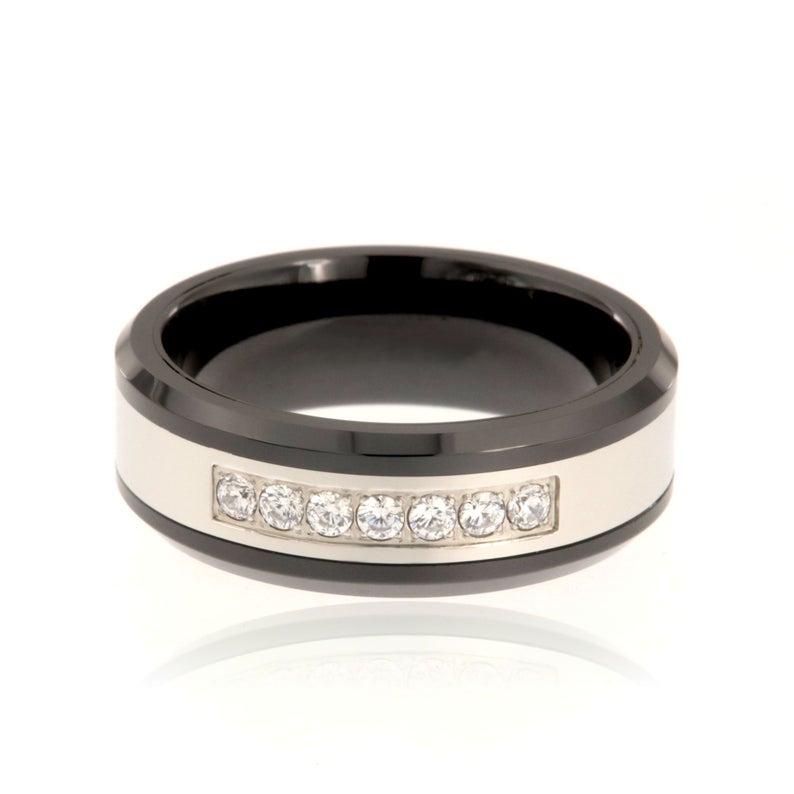 8mm wide black tungsten ring with a silver-like inlay with 7 cubic zirconia stones