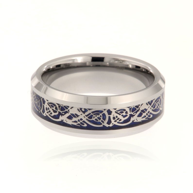8mm wide tungsten ring with a blue inlay and Celtic earth design