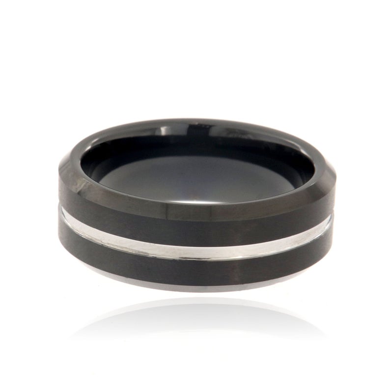 8mm wide black tungsten ring with a center silver inlay and beveled edges
