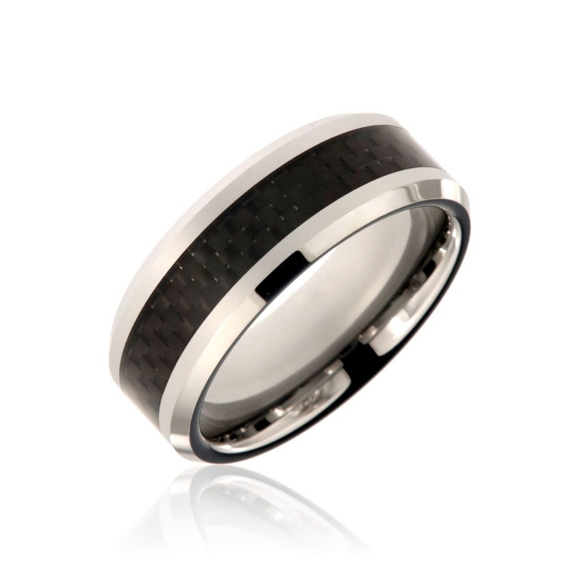 8mm wide tungsten ring with black carbon fiber inlay with beveled edges
