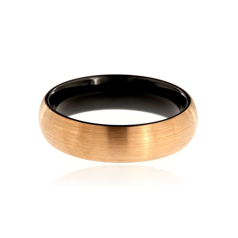 6mm wide tungsten ring with a black sleeve and rose gold finish and rounded profile