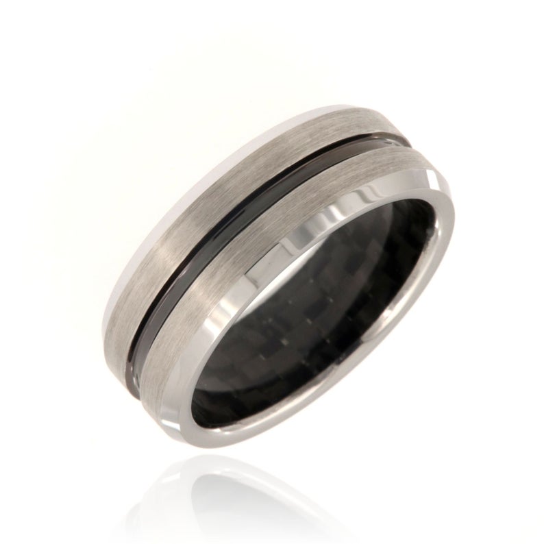 8mm wide tungsten ring with a black center inlay and a black carbon fiber sleeve