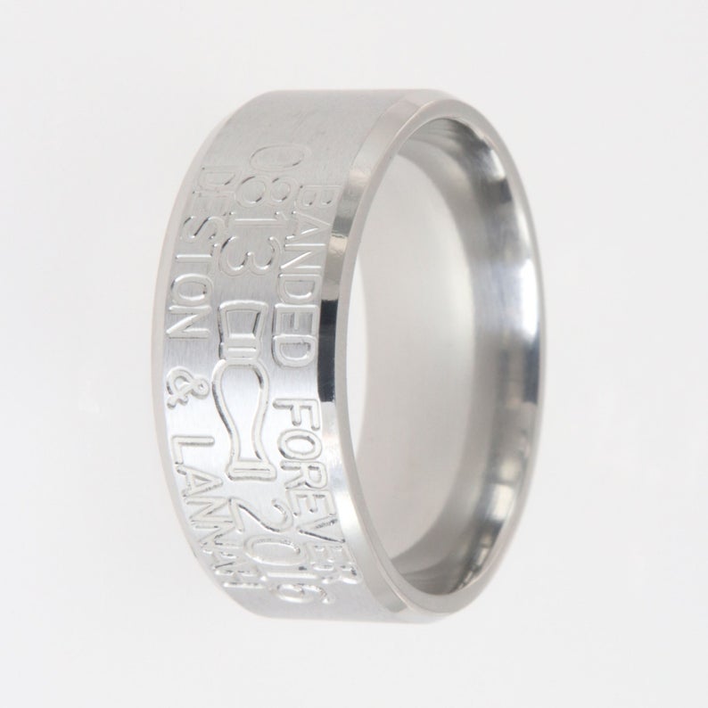 10mm wide titanium duck band with beveled edges, 3 lines of personalized text, and a duck call icon