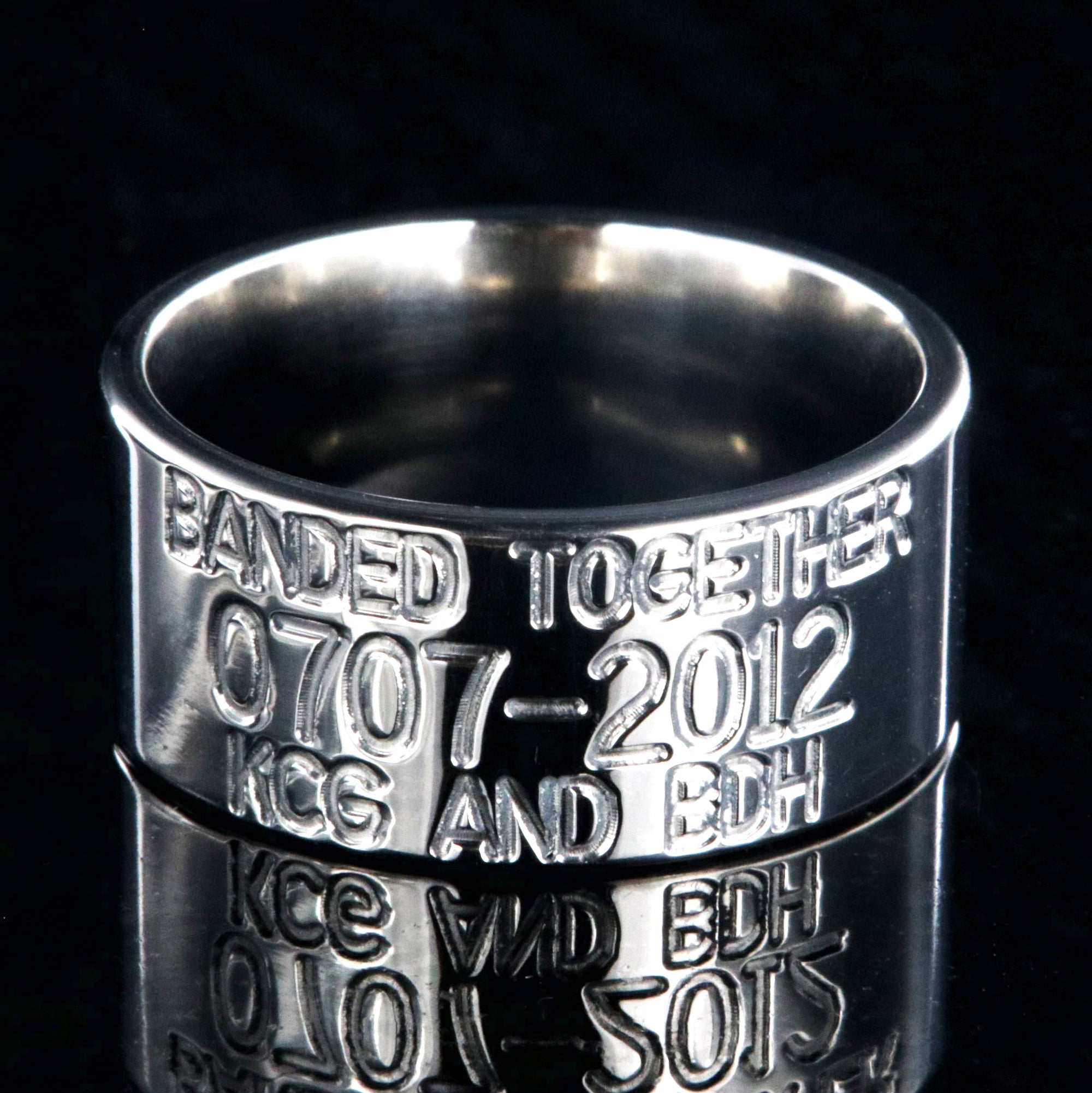 10mm wide titanium duck band wedding ring with polished finish, flat profile, and 3 lines of personalized text