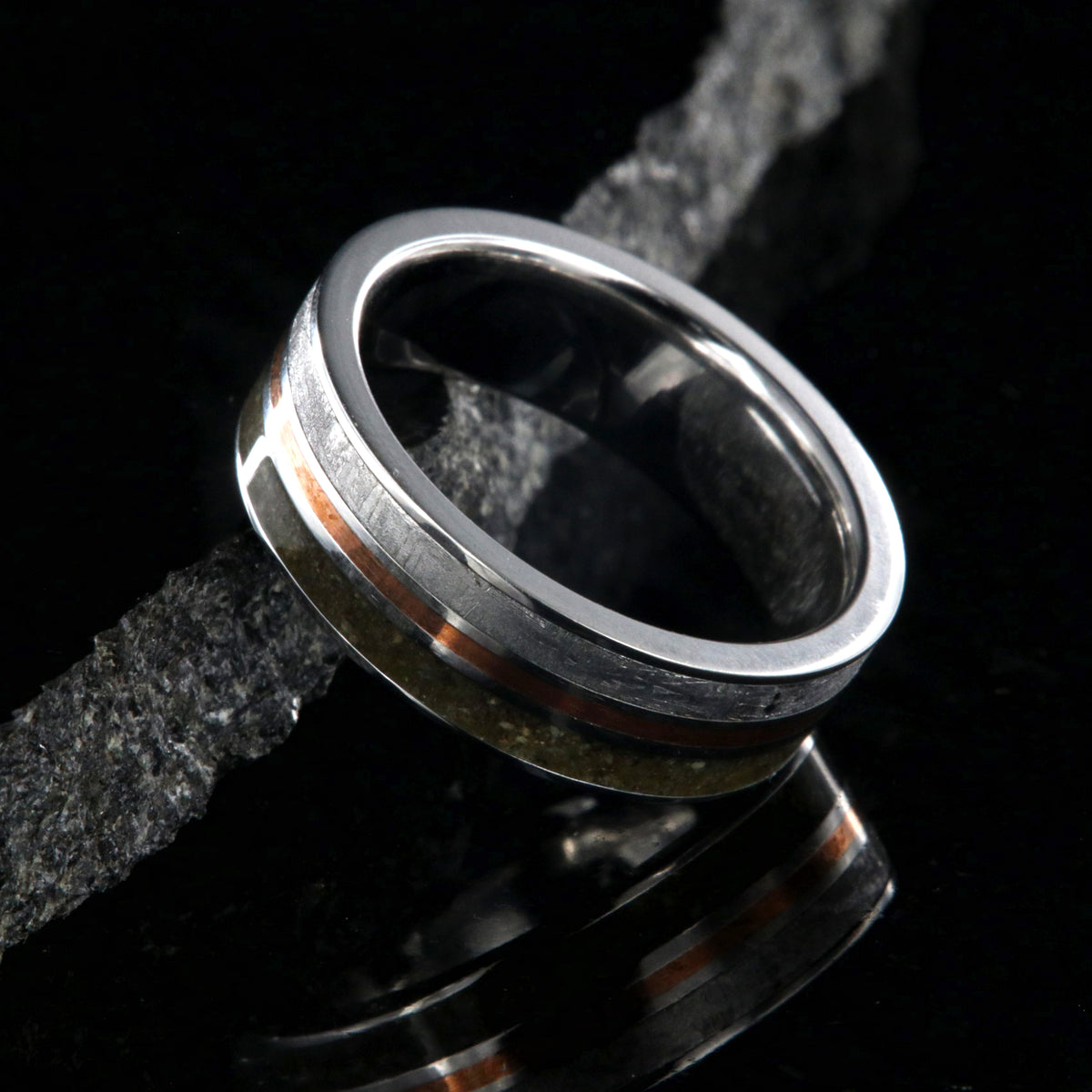 Dinosaur bone, meteorite, and center 14k rose gold inlay mens wedding ring