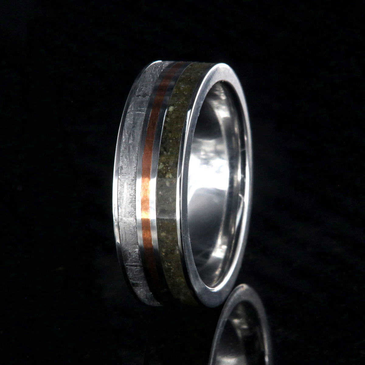 Dinosaur bone, meteorite, and 14k rose gold mens wedding ring