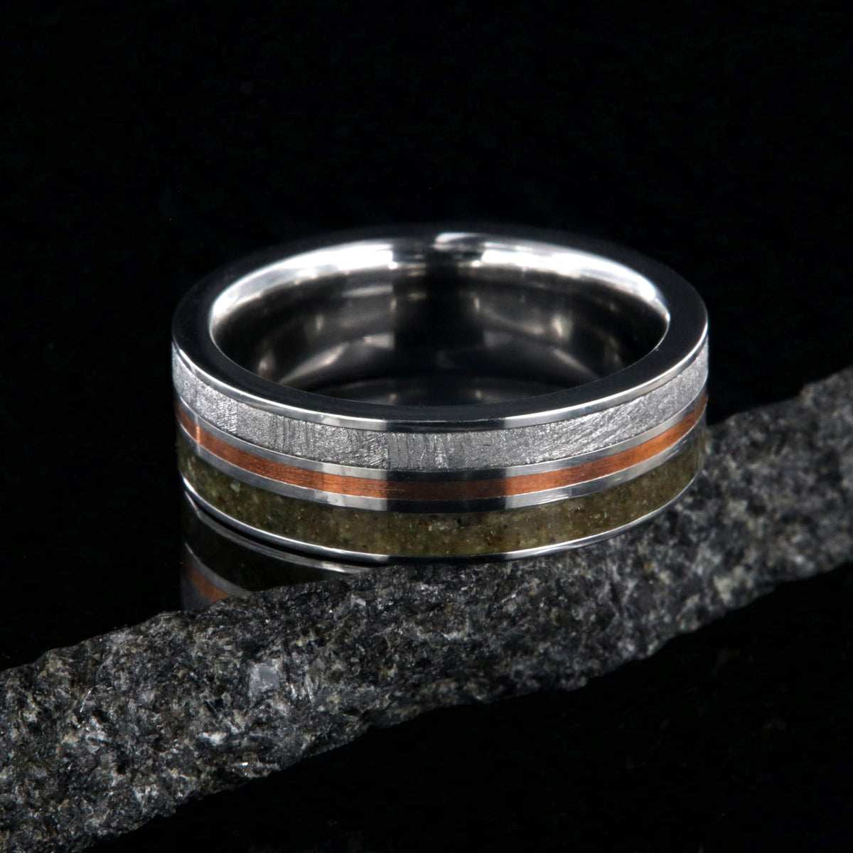 Dinosaur bone, meteorite, and center 14k rose gold inlay mens wedding ring