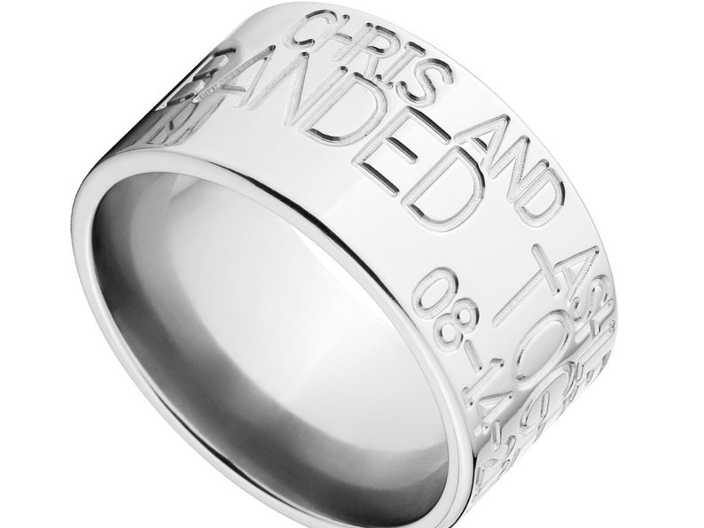 12mm wide duck band made of titanium with 3 lines of personalized text