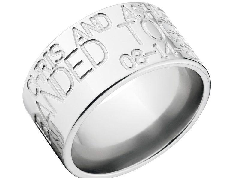 12mm wide duck band made of titanium with 3 lines of personalized text