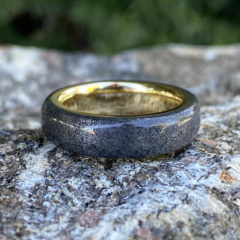 6mm wide men&#39;s wedding band, black stardust outside with solid yellow gold sleeve
