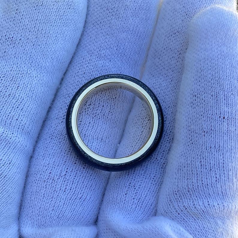 6mm wide men&#39;s wedding band, black stardust outside with solid yellow gold sleeve