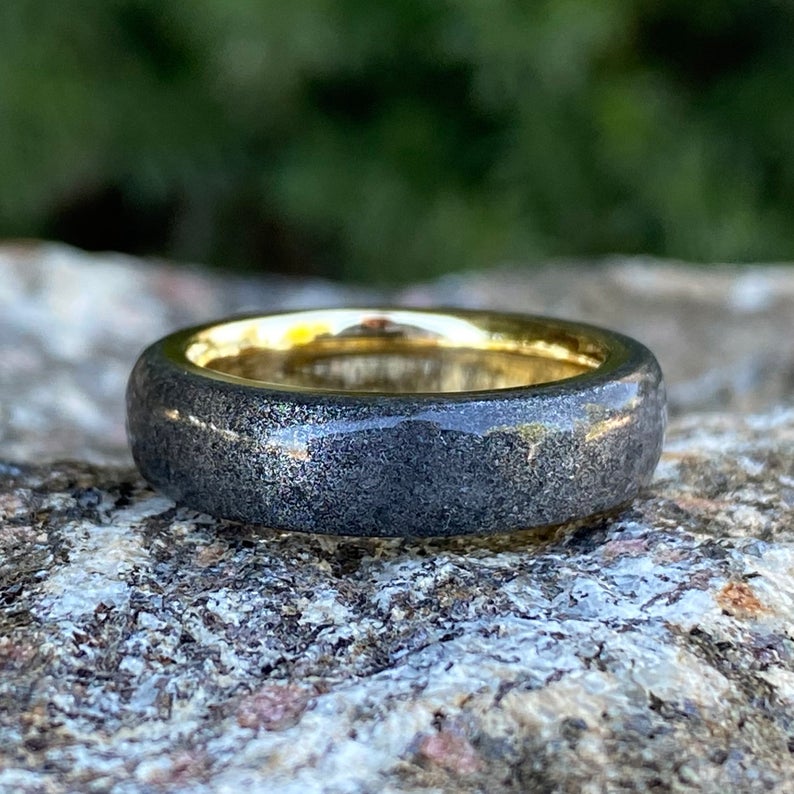 6mm wide men's wedding band, black stardust outside with solid yellow gold sleeve