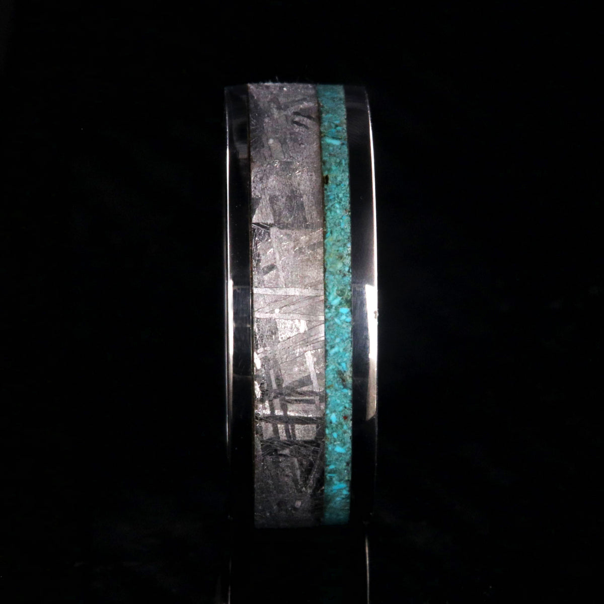 7mm wide cobalt ring with meteorite and a thin turquoise edge inlay