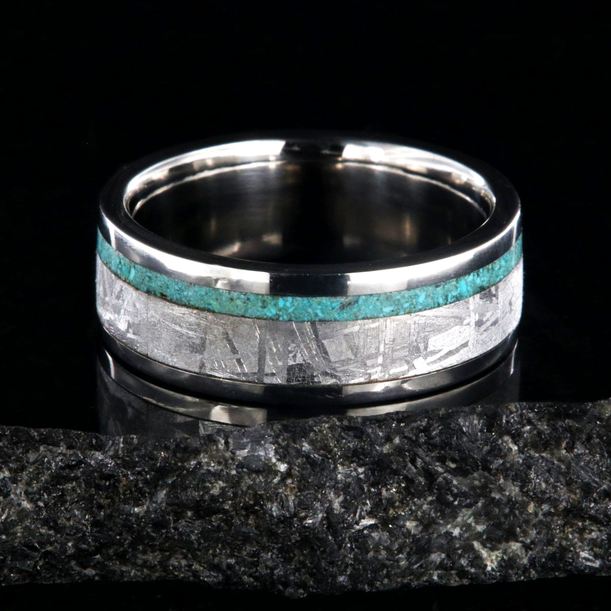 7mm wide cobalt ring with meteorite and a thin turquoise edge inlay