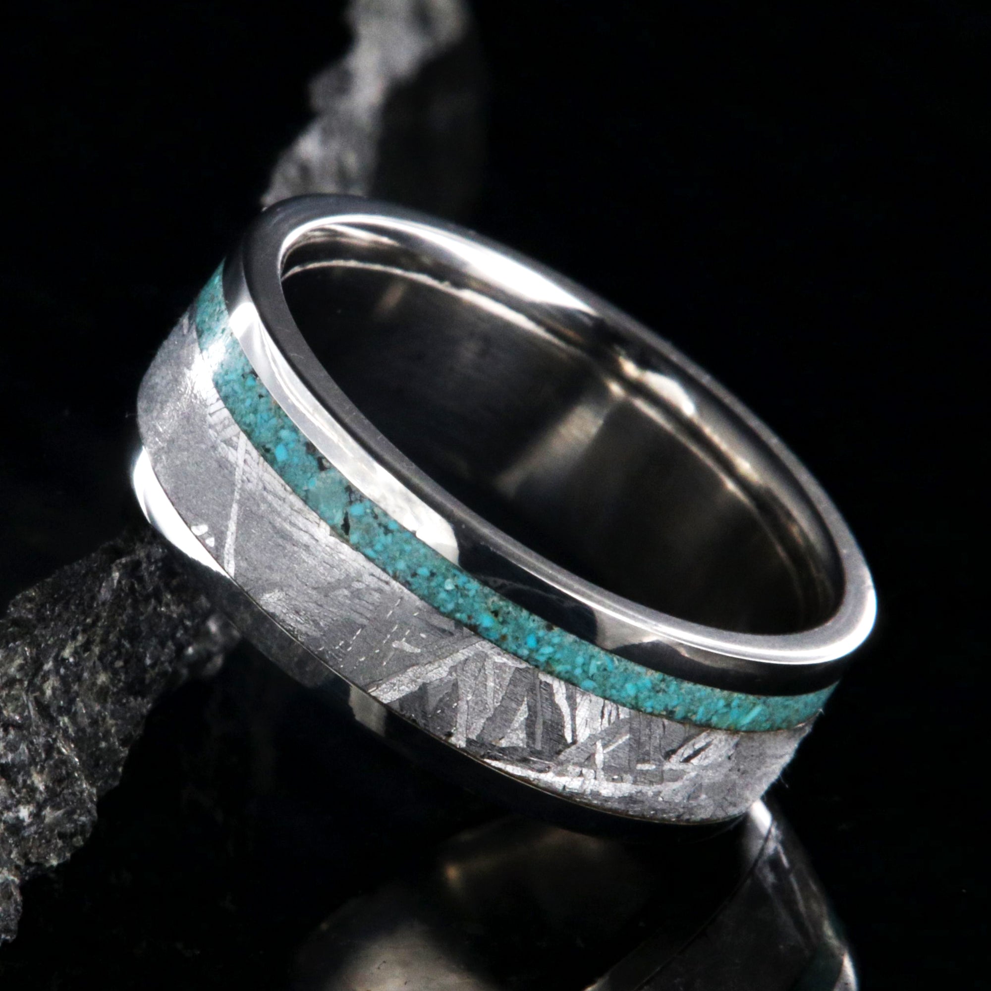 7mm wide cobalt ring with meteorite and a thin turquoise edge inlay