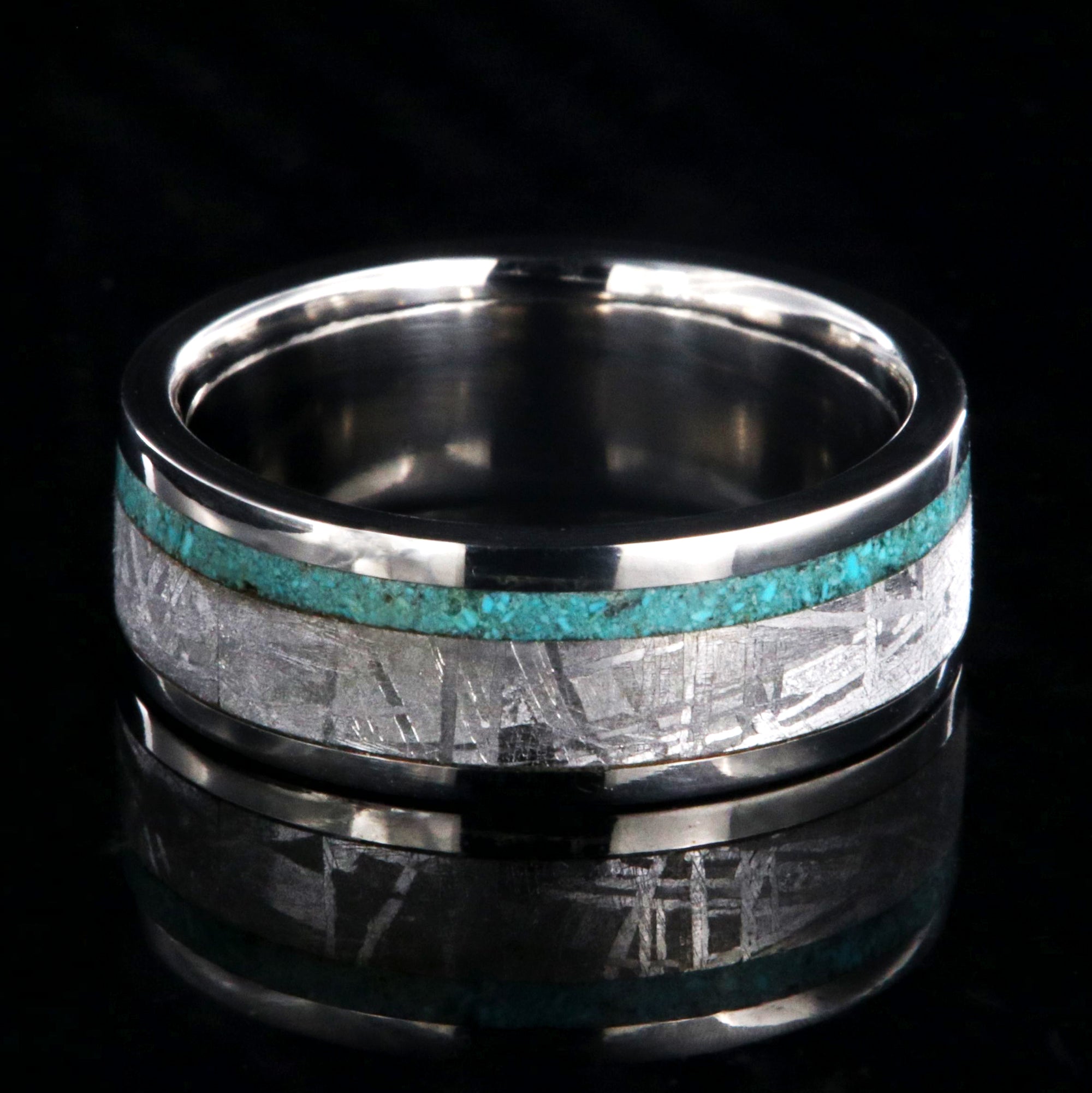 7mm wide cobalt ring with meteorite and a thin turquoise edge inlay