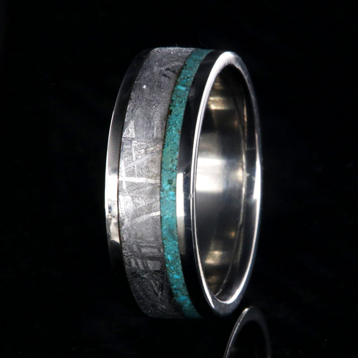7mm wide cobalt ring with meteorite and a thin turquoise edge inlay