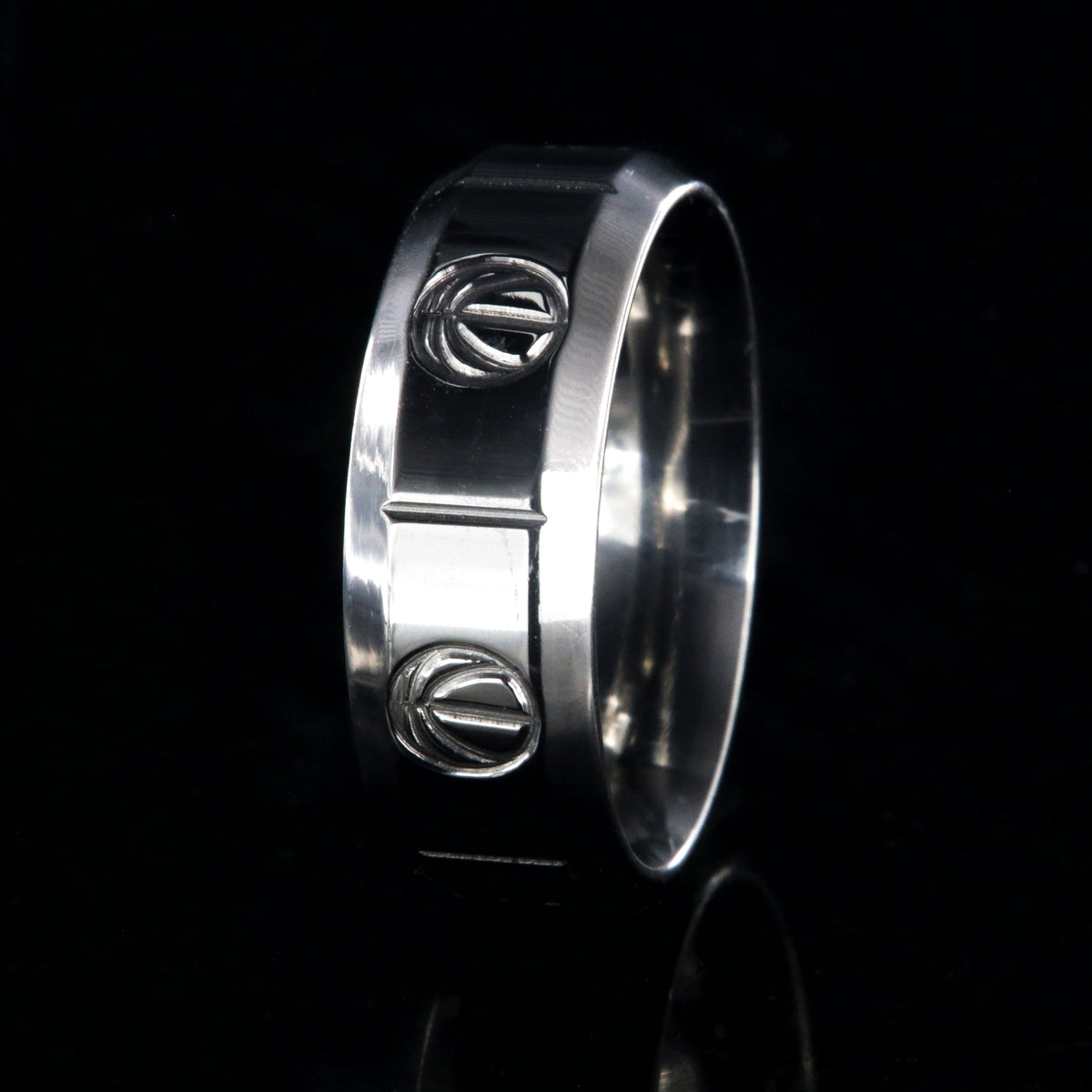 8mm wide titanium basketball ring with beveled edges, milled basketball design, and vertical grooves
