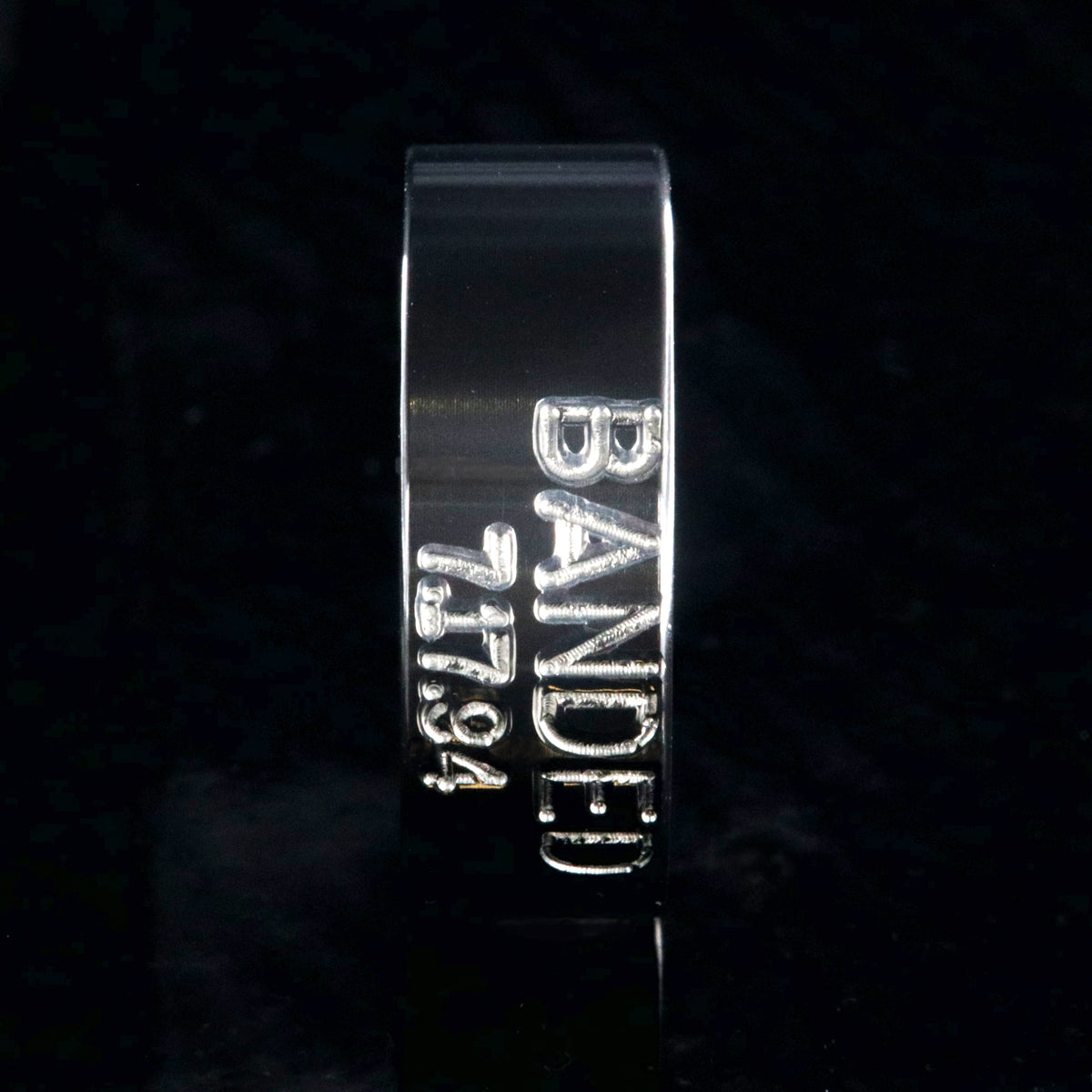 8mm wide black zirconium duck band ring with 2 lines two-tone colored text