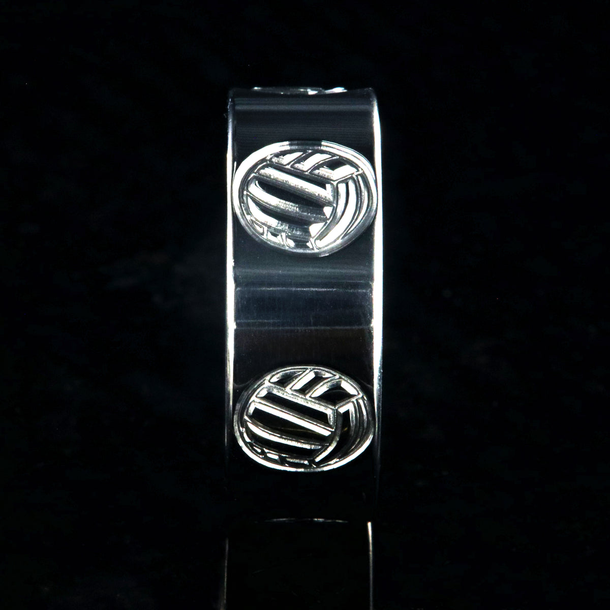 8mm wide titanium ring with milled volleyball design and flat profile
