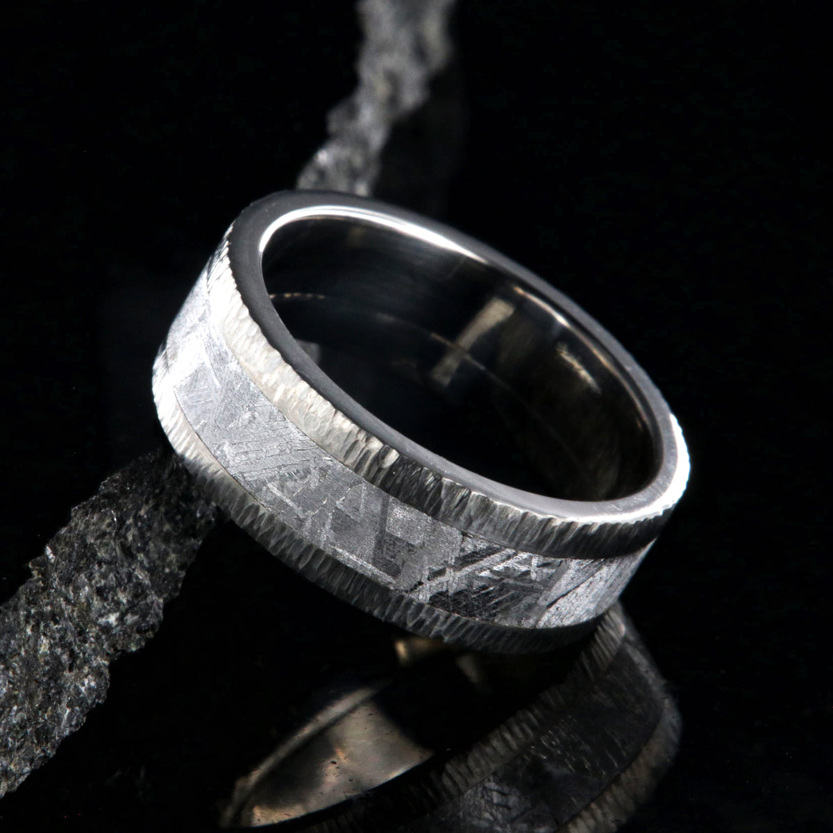 8mm wide Gibeon meteorite ring with tree barked finish titanium edges