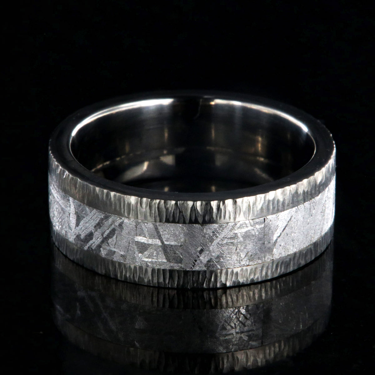 8mm wide Gibeon meteorite ring with tree barked finish titanium edges