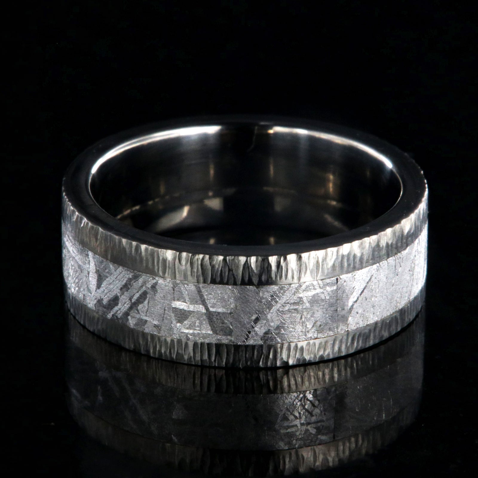 8mm wide Gibeon meteorite ring with tree barked finish titanium edges