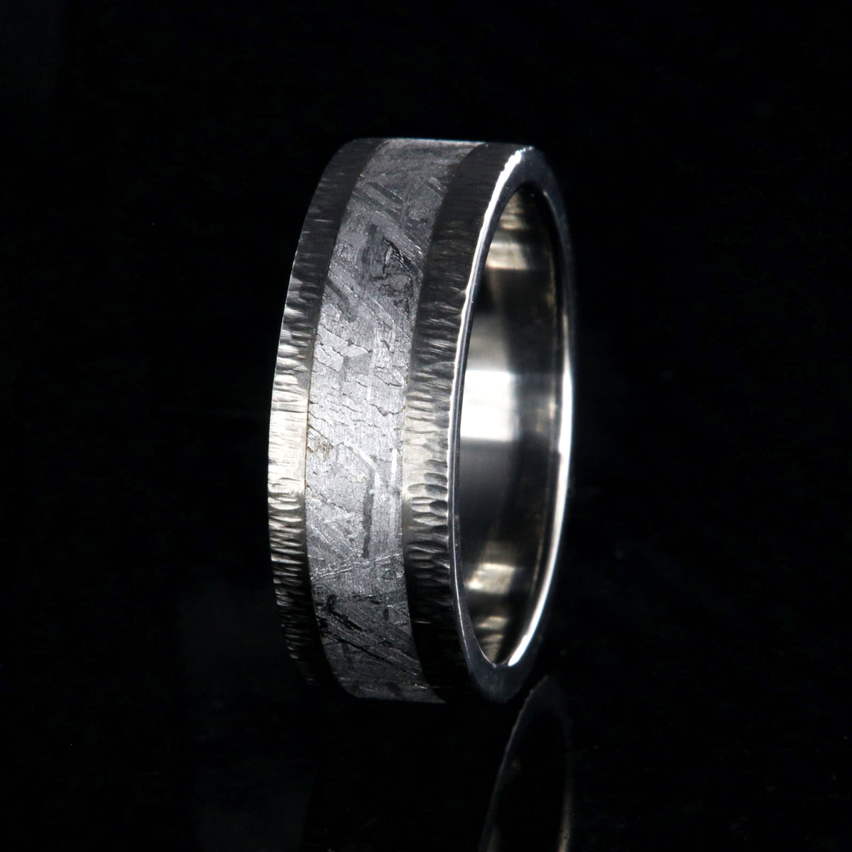 8mm wide Gibeon meteorite ring with tree barked finish titanium edges
