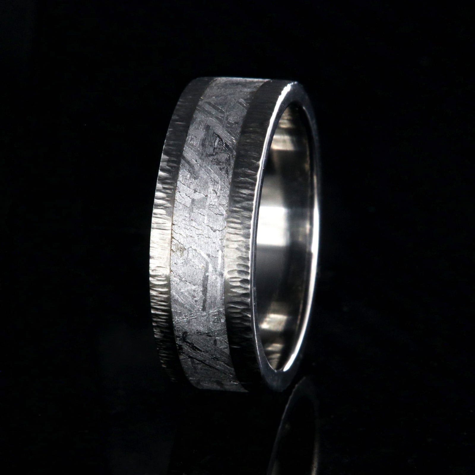 8mm wide Gibeon meteorite ring with tree barked finish titanium edges