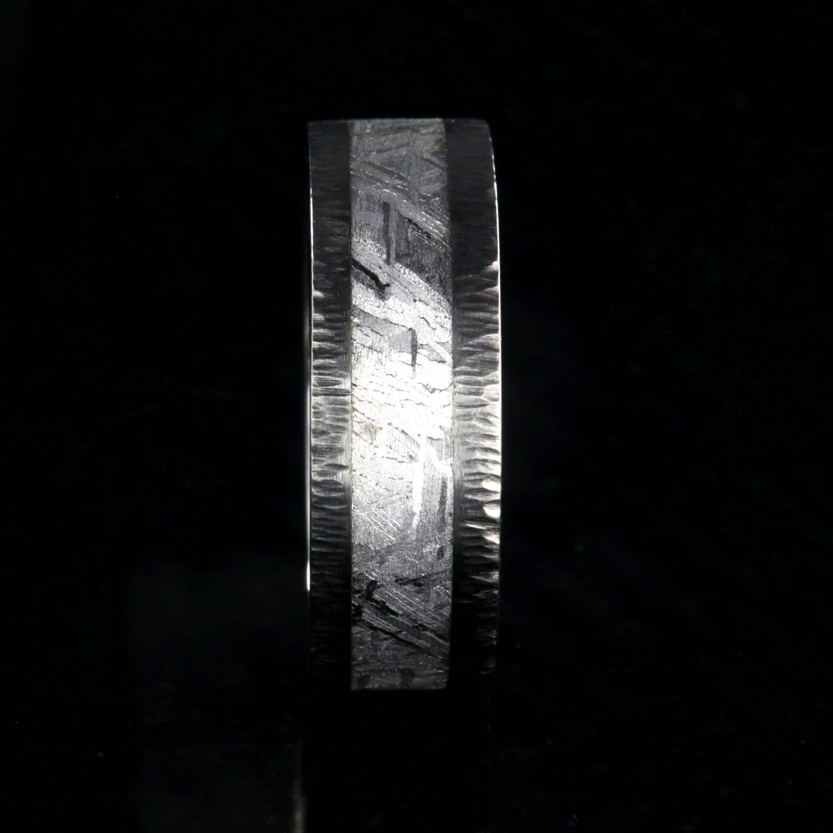 8mm wide Gibeon meteorite ring with tree barked finish titanium edges